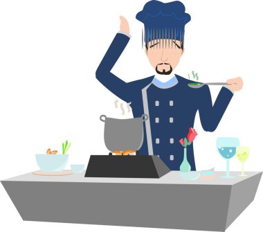 Mutfakta bir aşçının fotoğrafı, sobanın yanında yemek hazırlarken çekilmiş..