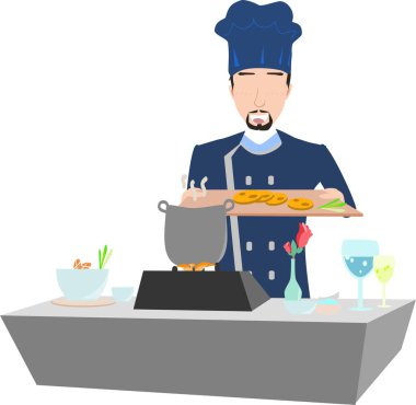 Mutfakta aşçıyı canlandıran karikatür resmi, fırında havuç ve tencereyle yemek pişirmek..