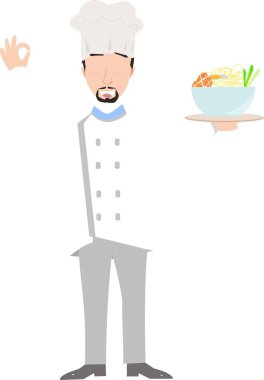 Bir erkek aşçının elinde bir tabak spagetti tutarken tamam işareti göstermesi.