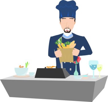 Aşçılık görevlerine odaklanan, mutfakta havuç ve tencereyle yemek pişiren bir erkek aşçının canlandırması..