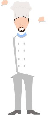 Beyaz bir arka planda mutlu bir şekilde izole edilmiş bir erkek aşçı tasviri.