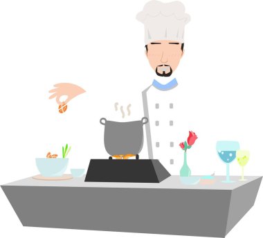 Bir erkek aşçının mutfakta yemek pişirdiği, sobanın önünde durduğu bir resim..