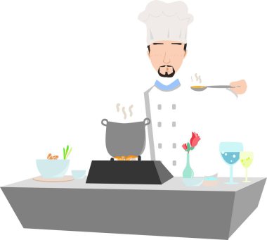 Çizgi film karakteri görüntüsü. Sobanın malzemelerini ustalıkla idare eden bir şef..