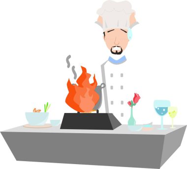 Panikleyen bir aşçının fırında yemek pişirirken beklenmedik zorluklara tepki verdiği karikatür görüntüsü..