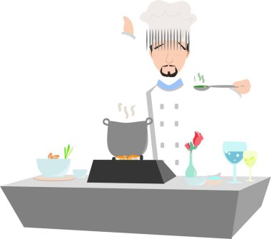 Arka planda ocakla yemek hazırlayan bir şefin basit bir tasviri..