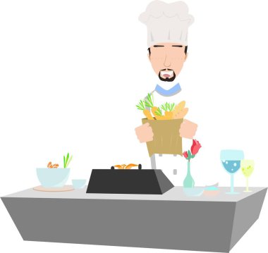 Karikatür karikatüründe fırının önünde aşçılığı vurgulayan bir erkek aşçı resmedilmiş..