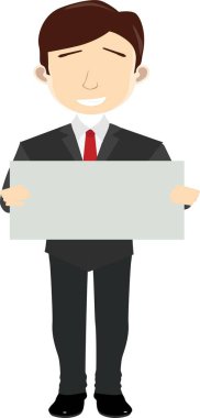 Beyaz bir zemin üzerinde boş bir levha tutan bir iş adamının görüntüsü