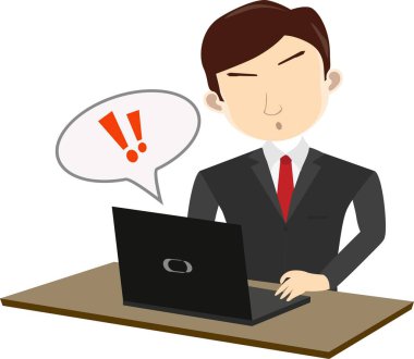 Dizüstü bilgisayar ve ünlem işareti kullanan bir iş adamı resmi.