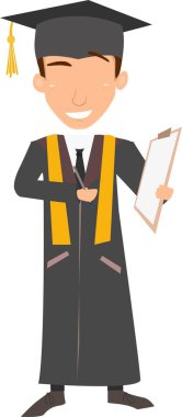 Bu, elinde bir not panosu olan mezun bir adamın resmi..