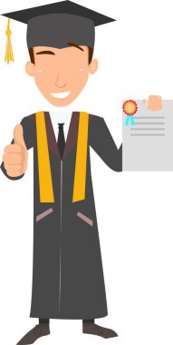 Mezuniyet elbisesi giyen bir adam diplomasını tutuyor ve baş parmağını kaldırıyor..