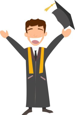 Mezun olmuş bir adamın çizgi film çizimi. Çalışması bittiği için minnettar.