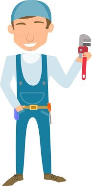 Bir Erkek Tesisatçı Çizgi Filmi Giyinik Bir İngiliz Anahtarı Tutuyor