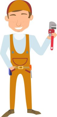 Çizgi film çizimi, iş kıyafetleri içinde İngiliz anahtarı tutan bir erkek tesisatçı..