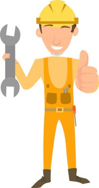 Elinde İngiliz anahtarı tutan ve başparmağını kaldıran bir tamircinin resmi.