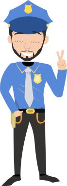 Mavi üniformalı barış işareti taşıyan bir polis resmedilmiş.