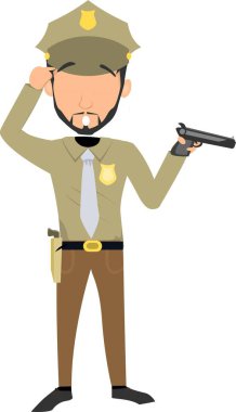Elinde silah olan bir polis memurunun tasviri, bir şeyi işaret etmek, kafa karışıklığını ifade etmek.