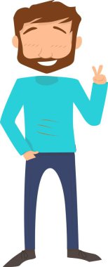 Sakallı bir adamın mavi tişörtlü bir şey giydiği görüntüsü.