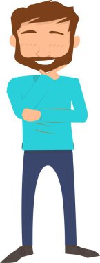 Mavi tişörtlü sakallı bir adamın bir şey düşündüğü tasviri