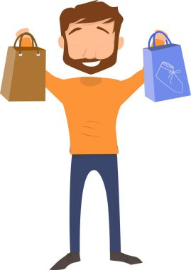 Alışveriş torbaları tutan ve kameraya bakan bir adamın ifadesi..