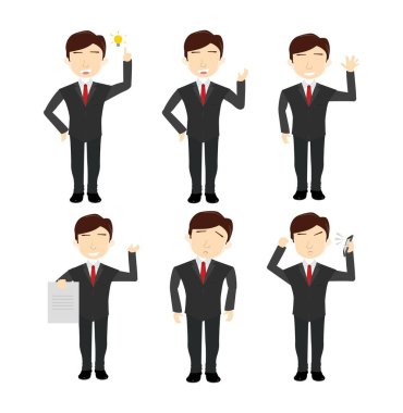 Şirket Komutanları: Karikatür Vektörü Smokinli İş Adamlarını Gösteriyor ve Çeşitli Pozisyonlarda İş Tişörtleri