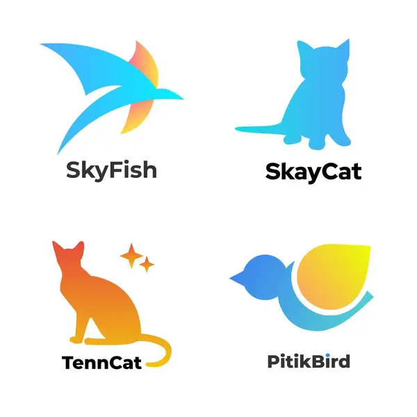 Kedi ve kuşlu ikonlar. Vektör logosu tasarım şablonu. Logo paketleri.