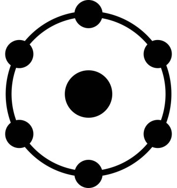 Altı iyon veya elektron logosu çizimi. Toplam 6 iyon veya elektron sayısı. Siyah ve beyaz vektör çizimi.