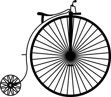 Klasik Penny Farthing bisiklet silueti beyaz arka planda izole edilmiş. Vektör illüstrasyon tasarımı