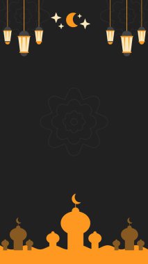 Ramazan Kareem 'in Cami, Fener ve Hilal Ay' la İllüstrasyonu. Sosyal Medya Şablonu veya Duvar Kağıdı için dikey arkaplan. Koyu Değişken.