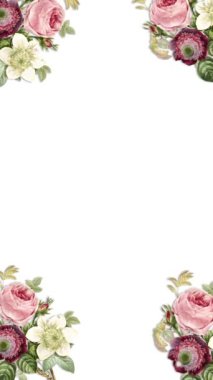 Çiçek çerçeveli animasyon şablonunun dikey videosu. Botanik çiçek yaprakları. Çevrimiçi selamlaşma ya da sosyal medyada düğün davetiyeleri için uygundur. Ve033