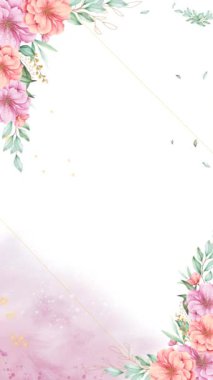 Çiçek çerçeveli animasyon şablonunun dikey videosu. Botanik çiçek yaprakları. Çevrimiçi selamlaşma ya da sosyal medyada düğün davetiyeleri için uygundur. Ve222