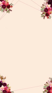 Çiçek çerçeveli animasyon şablonunun dikey videosu. Botanik çiçek yaprakları. Çevrimiçi selamlaşma ya da sosyal medyada düğün davetiyeleri için uygundur. Ve232