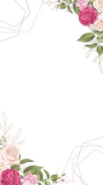 Çiçek çerçeveli animasyon şablonunun dikey videosu. Botanik çiçek yaprakları. Çevrimiçi selamlaşma ya da sosyal medyada düğün davetiyeleri için uygundur. Ve241