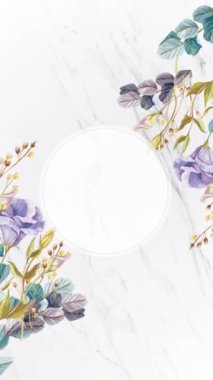 Çiçek çerçeveli animasyon şablonunun dikey videosu. Botanik çiçek yaprakları. Çevrimiçi selamlaşma ya da sosyal medyada düğün davetiyeleri için uygundur. Ve251