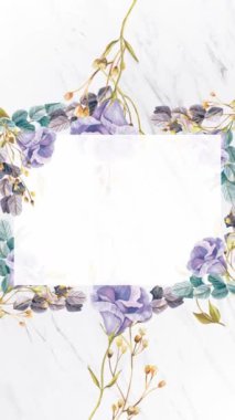 Çiçek çerçeveli çelenk animasyon şablonunun dikey videosu. Botanik çiçek yaprakları. Çevrimiçi selamlaşma ya da düğün davetiyeleri için uygun. Ve254