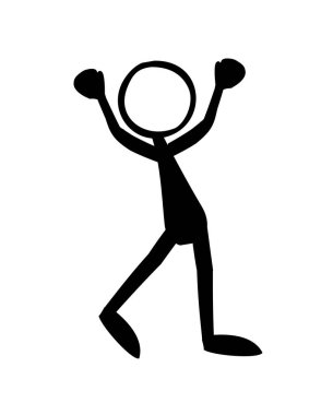 Komik siyah siluet bir adam zaferi için minnettar hissediyor. Vektör illüstrasyonu.