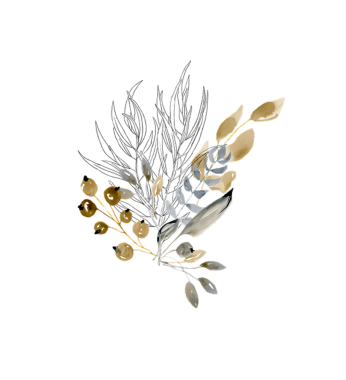 Suluboya yaprakları ve siyah üzerine narin botanik elementlerle süslü zarif çiçek çizimi..