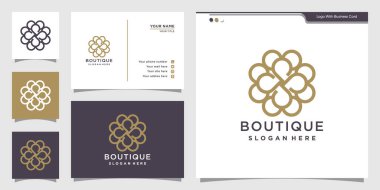 Çizgi sanat tarzı ve kartvizitli mini butik logo tasarım şablonu. Zarif monogram logosu ve iş kartı tasarımı Premium Vektörü