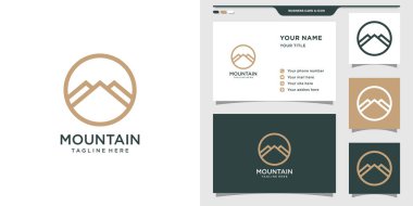 Dağ logosu dizaynı doğrusal stil ve daire konseptiyle. Logo ve kartvizit tasarımı. Premium Vektörü
