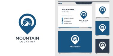 Dağ logosu ve pin konsepti. Logo ve kartvizit tasarımı. Premium Vektörü
