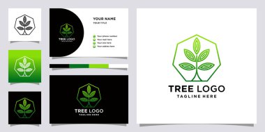 Doğrusal şekilli ağaç logosu. Logo şablonu ve kartvizit tasarımı. Premium Vektörü