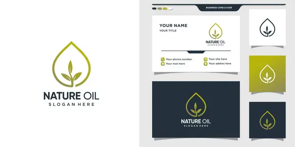 自然油标志与液滴风格和叶子 标志设计模板和名片设计 保费矢量 — 图库矢量图片