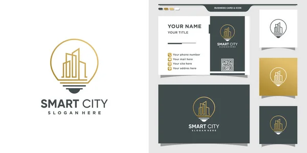 Logo Bâtiment Avec Concept Lampe Ampoule Design Carte Visite Premium — Image vectorielle
