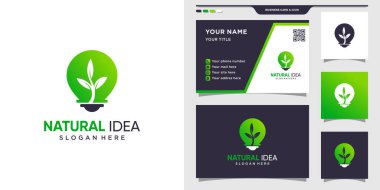 Ampul lambası tarzı ve kartvizit tasarımlı doğa logosu. Doğa logo tasarım şablonu Premium Vektörü