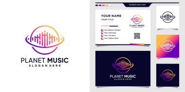 Çizgi sanatı ve modern konsepte sahip gezegen müzik logosu. İlham veren müzik logosu ve kartvizit tasarımı Premium Vector