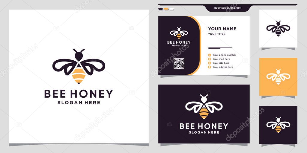 Bee honey logo icon with line art style and creative concept and business card design Premium Vector