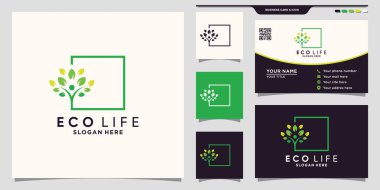 Eco life people tree logo with square line art style and business card design Premium Vector