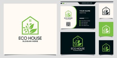 Satır sanatı ve kartvizit tasarımlı Eko ev logosu Premium Vektörü