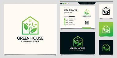 Ev ve doğal yaprak logosu çizgi sanat tarzı ve kartvizit tasarımı Premium Vektörü