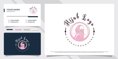 Eşsiz bir konsept ve kartvizit tasarımına sahip yaratıcı tesettürlü kadın Müslüman logosu Premium Vector