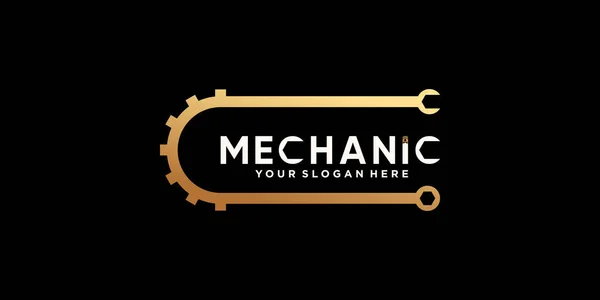Logo Mécanicien Créatif Avec Engrenage Clé Dégradé Doré Couleur Premium — Image vectorielle